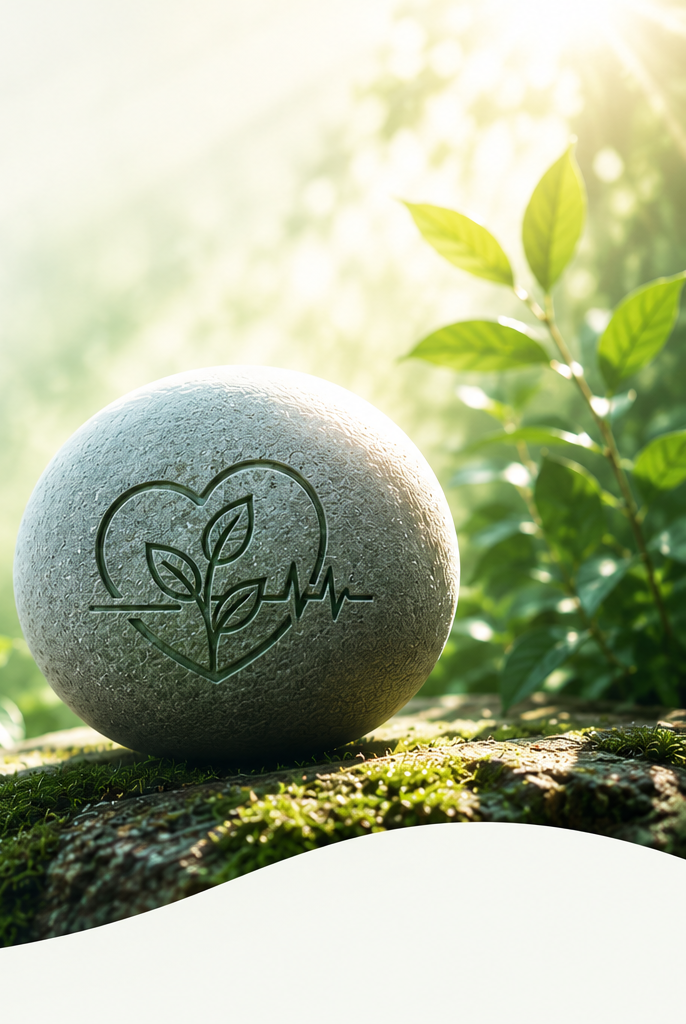 Botanical wellness — stone with engraved heart and plant